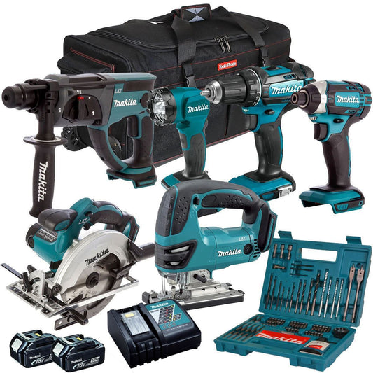 Makita 18V 6 Piece Kit 2 x 5.0Ah Batteries Charger & 100 Piece Drill Set T4TKIT-6568