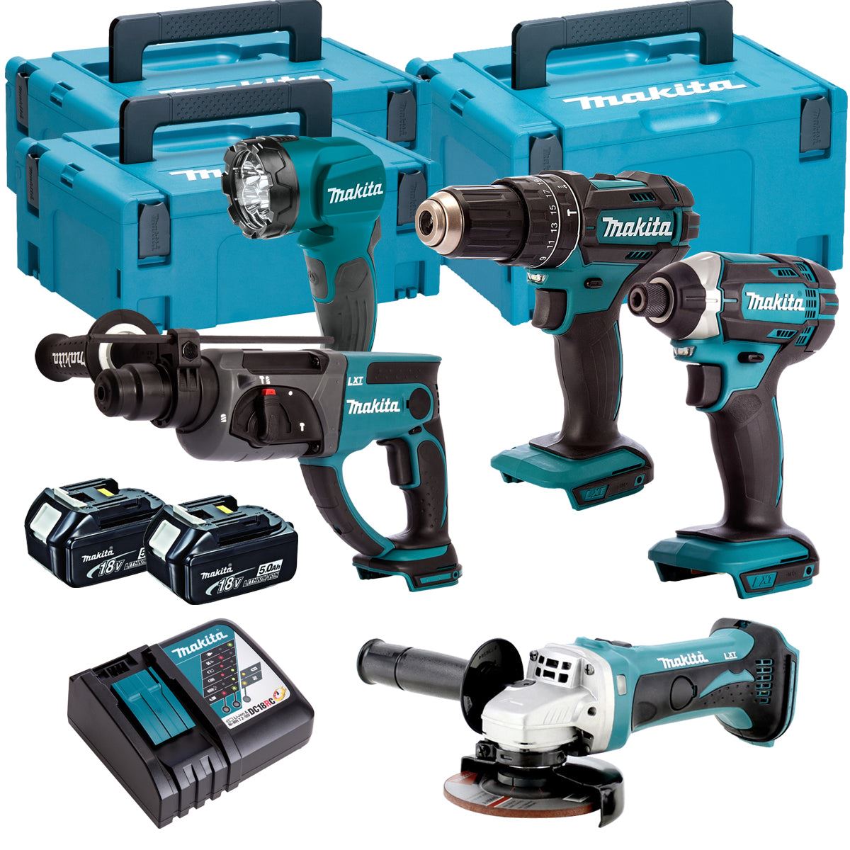 Makita 5 Piece Kit 18V Li-ion With 2 x 5.0Ah Batteries Charger T4TKIT-111